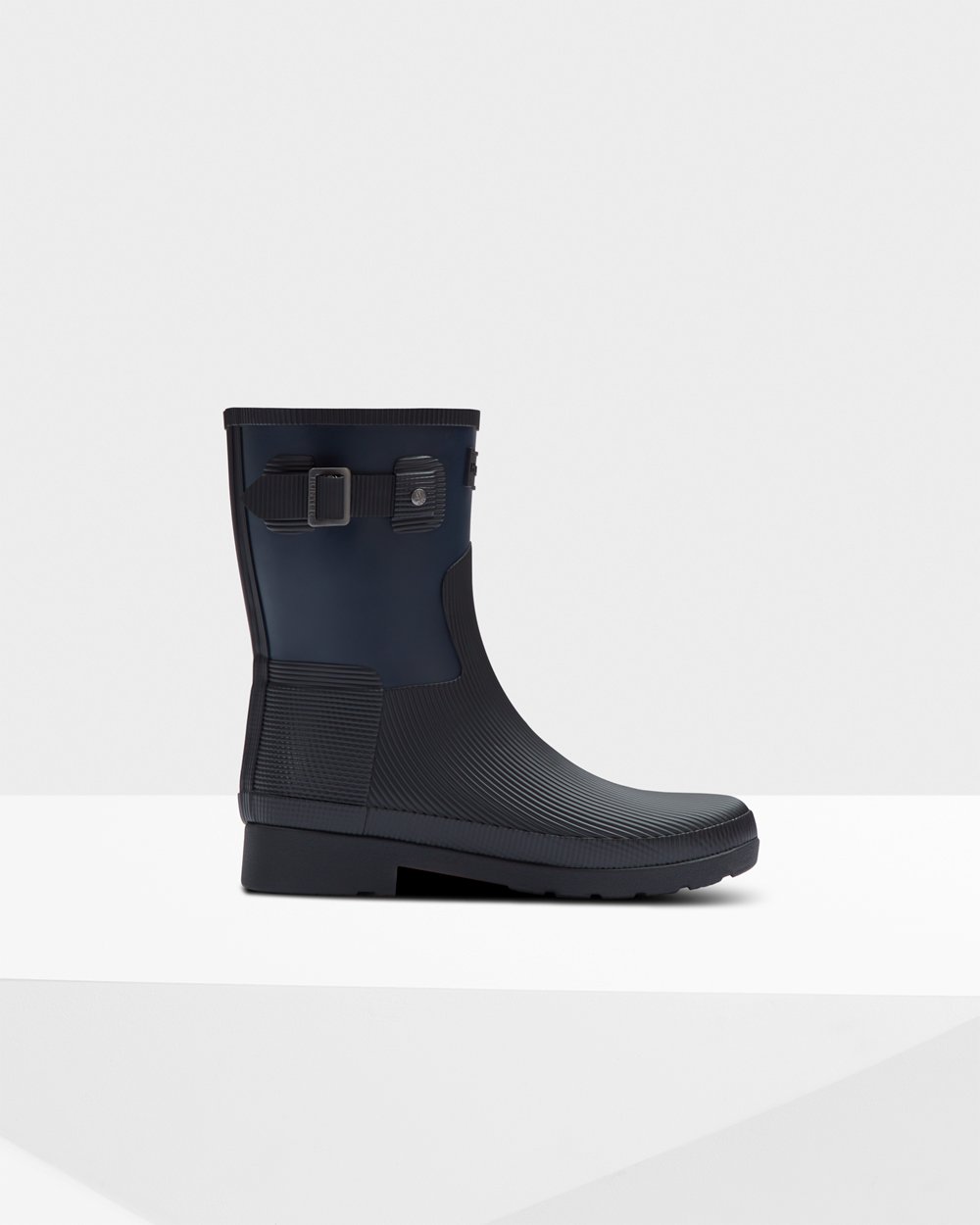 Womens Short Rain Boots - Hunter Refined Texture Block Slim Fit (18VLERAUC) - Navy/Black